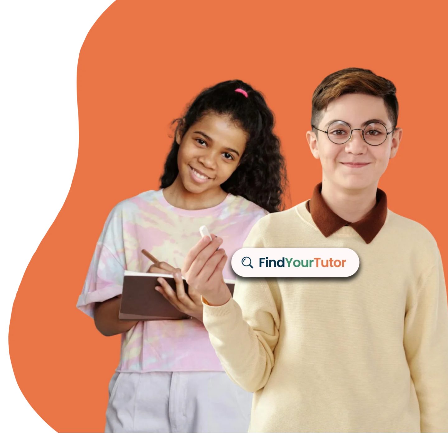 Two students smiling, one writing in a notebook